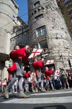 GENOA, ITALY - 8 JUNE 2014 - Unidentified people during the historical parade of the Maritime Republics Palio