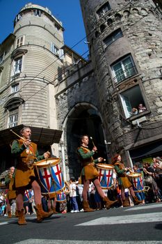GENOA, ITALY - 8 JUNE 2014 - Unidentified people during the historical parade of the Maritime Republics Palio