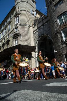 GENOA, ITALY - 8 JUNE 2014 - Unidentified people during the historical parade of the Maritime Republics Palio