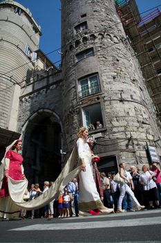 GENOA, ITALY - 8 JUNE 2014 - Unidentified people during the historical parade of the Maritime Republics Palio