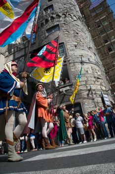 GENOA, ITALY - 8 JUNE 2014 - Unidentified people during the historical parade of the Maritime Republics Palio