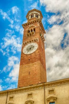 Lamberti Tower at the Palazzo della Ragione, in Piazza Signori in Verona, Italy