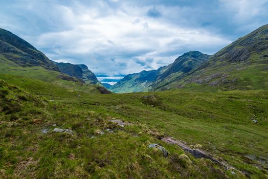 Glencoe or Glen Coe mountains and pass, panoramic view landscape in Lochaber, Scottish Higlands,Scotland. UK.