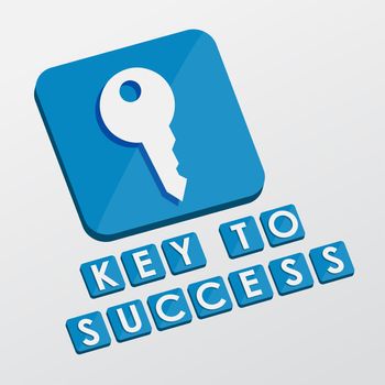 key to success and key sign - white text with symbol in blue flat design blocks, business creative concept