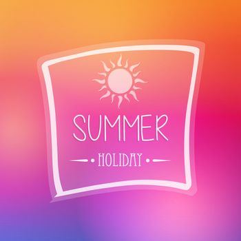 text summer holiday with white sun in frame over orange pink background, flat design poster