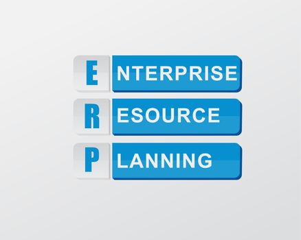 ERP - enterprise resource planning - text in blue banners, flat design, business systems concept
