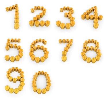 Set of the numbers 1,2,3,4,5,6,7,8,9,0 of gold coins with dollar sign on a white background