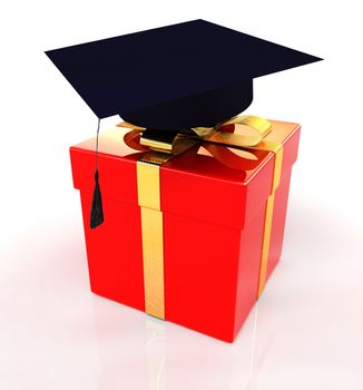 graduation hat on a red gift on a white background