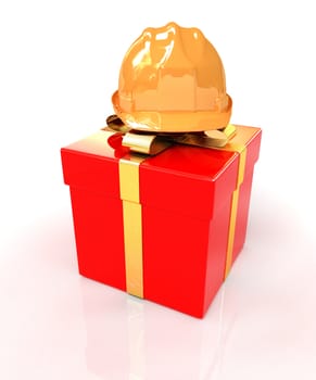 hard hat on a red gift on a white background
