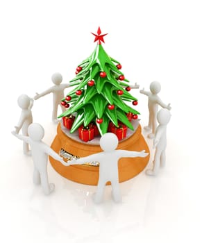 3D human around gift and Christmas tree on a white background