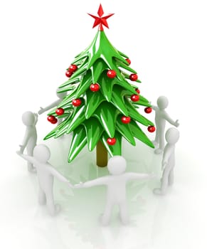 3D human around Christmas tree on a white background
