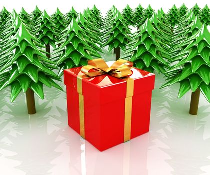 Christmas trees and gift on a white background