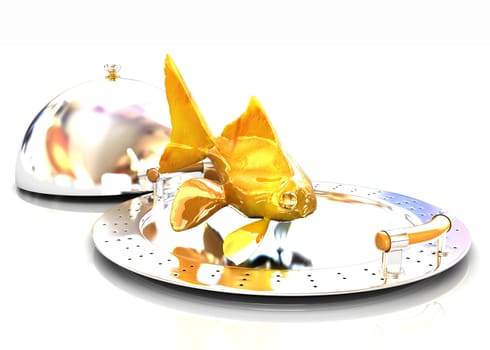 Gold fish on a restaurant cloche on a white background