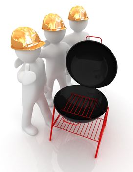 3d mans in a hard hat with thumb up and barbecue grill. On a white background 