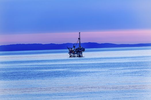 Ellwood Oil Well Offshore Platforms Coastline Pacific Oecan Pink Sunset Goleta California 