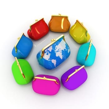 Purse Earth and purses. On-line concept on a white background