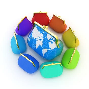 Purse Earth and purses. On-line concept on a white background