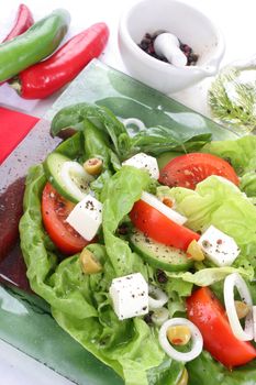 Salad with lettuce, tomato, cucumber, onion, olives clearing sauce.