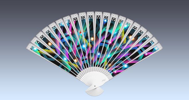 Colorful hand fan isolated on gray