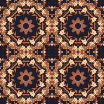 Abstract artistic pattern, seamless handmade floral ornament, applique from the back side of a birch bark on black fabric background