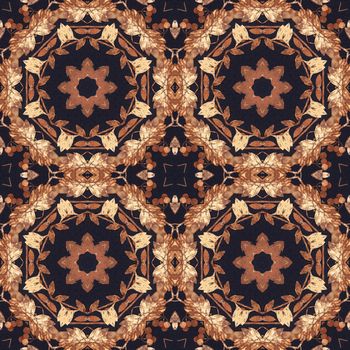 Abstract artistic pattern, seamless handmade floral ornament, applique from the back side of a birch bark on black fabric background