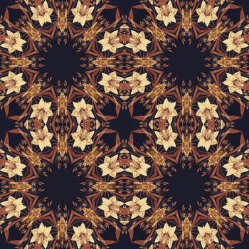 Abstract artistic pattern, seamless handmade floral ornament, applique from the back side of a birch bark on black fabric background