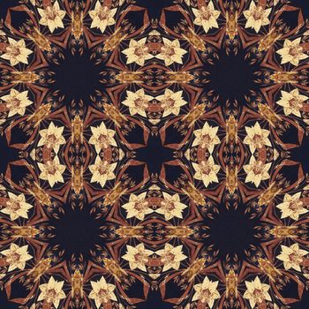 Abstract artistic pattern, seamless handmade floral ornament, applique from the back side of a birch bark on black fabric background