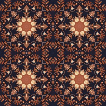 Abstract artistic pattern, seamless handmade floral ornament, applique from the back side of a birch bark on black fabric background