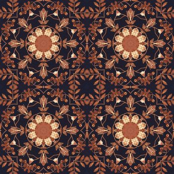 Abstract artistic pattern, seamless handmade floral ornament, applique from the back side of a birch bark on black fabric background