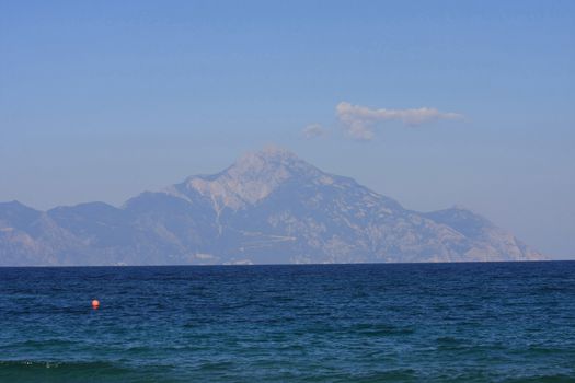 Holy Mountain Athos,view from second leg of Greek peninsula Halkidiki