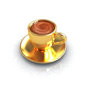 Gold coffee cup on saucer on a white background
