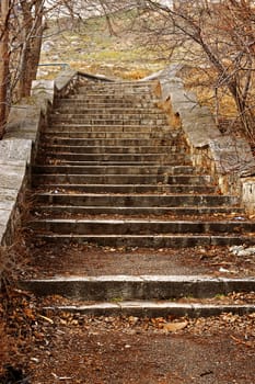 Old stone stairs leading up in autumn park