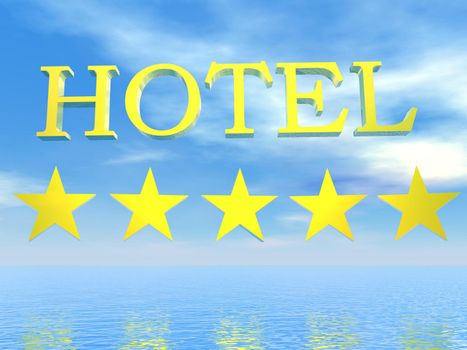 Golden hotel sign 5 stars upon ocean by beautiful blue day