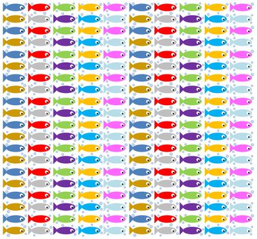 Many colorful fishes and bubbles in white background