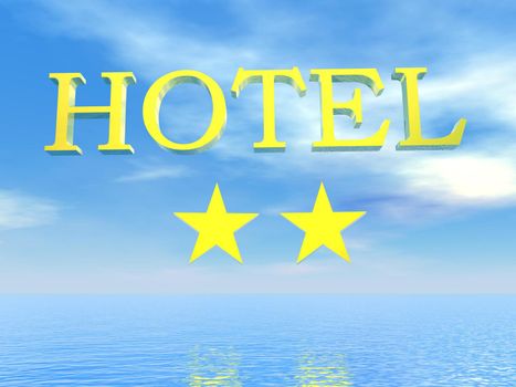 Golden hotel sign 2 stars upon ocean by beautiful blue day