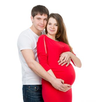 Pregnant woman with the husband isolated on a white background