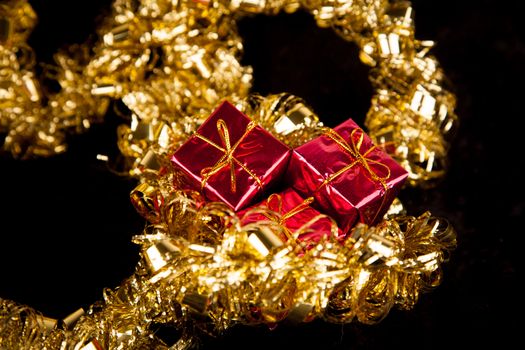 Valentines gift boxes on black satin background