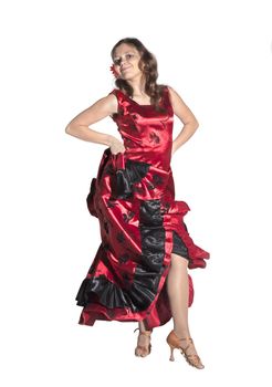 Young woman dancing flamenco, studio shot, white background