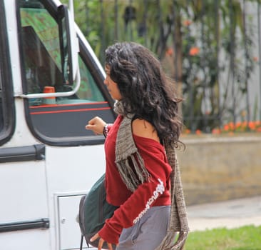 A young lady getting on a bus in Bogota, Columbia
03 May 2014
No model release
Editorial only