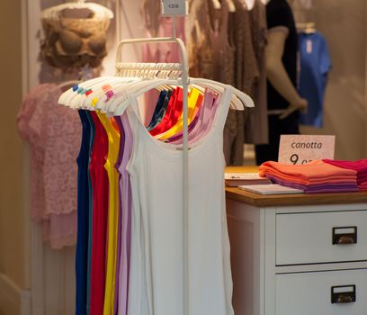 Close up of female shirts exposed in the clothes shop