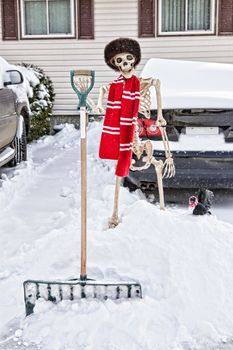 A Canadian Skeleton shoveling his car out of the snow.