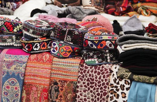 Turkish clothing market with scarfs and hats