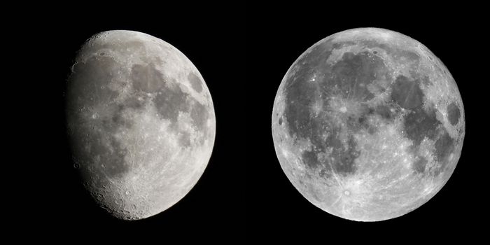 Waxing gibbous and full moon over black sky