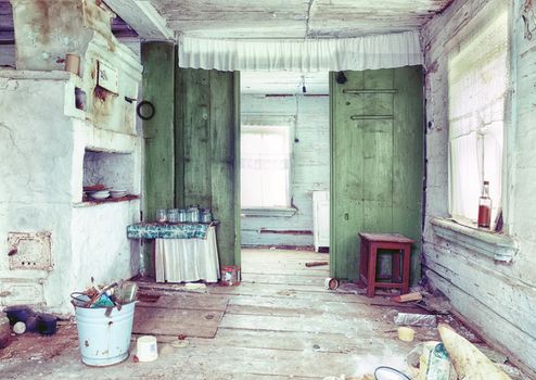 Old small abandoned and ruinous country house interior  in Russia