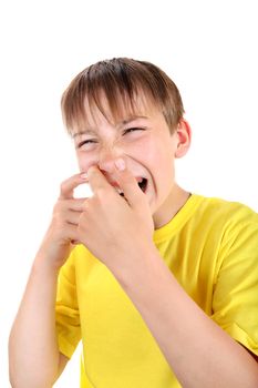 Kid with Pimple Isolated on the White Background