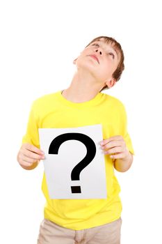 Kid holding a Paper with Question Mark on the White Background