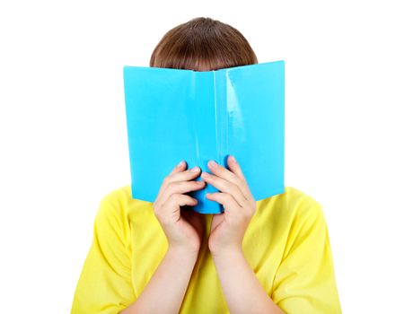 The Kid hides the face behind the book Isolated on the White Background