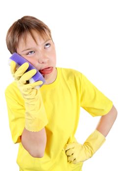 Annoyed Kid with Bath Sponge and Rubber Gloves Isolated On The White Background