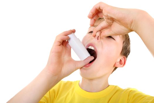 Dissatisfied Kid using Inhaler Isolated on the White Background