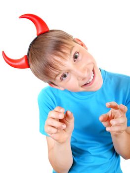 Sly Kid with Devil Horns on the Head Isolated on the White Background